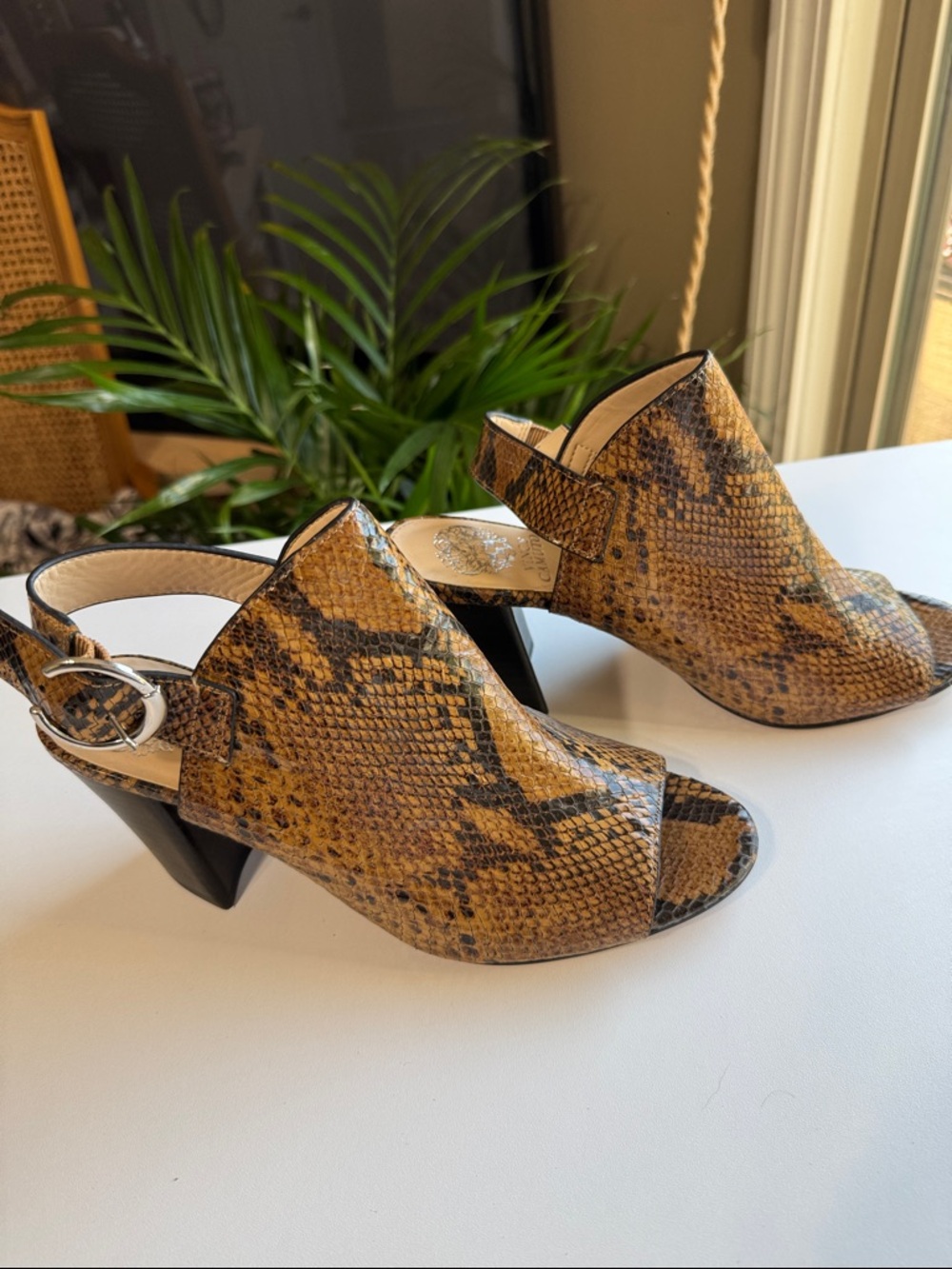 Peep-Toe Snake-Print Leather Slingback Heels in Brown